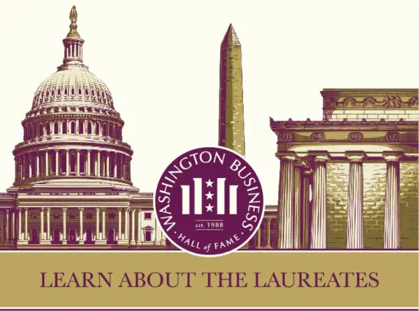 Collage of monuments in Washington DC with overlay of logo for Washington Business Hall of Fame