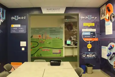 Part of a three-year partnership with Junior Achievement, Marymount’s storefront encourages students to #InvestinU. To give the middle schoolers a glimpse of the types of work they can expect to do as college students, three-dimensional elements from Marymount student projects are affixed to a wall